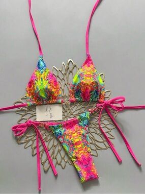 Neon Multicolor Tie-Side Triangle Bikini